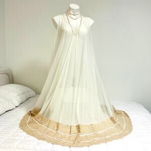 Vintage Intime California Chiffon Nightie Nightgown Ivory & Beige Lace Sweep OS